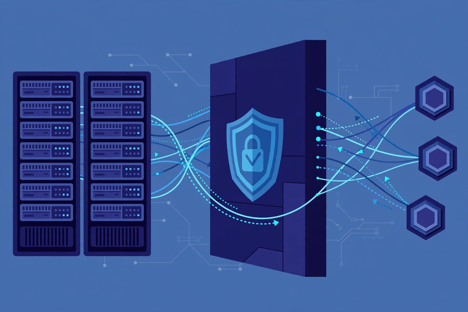 Illustration of servers, a shield and a network of connections