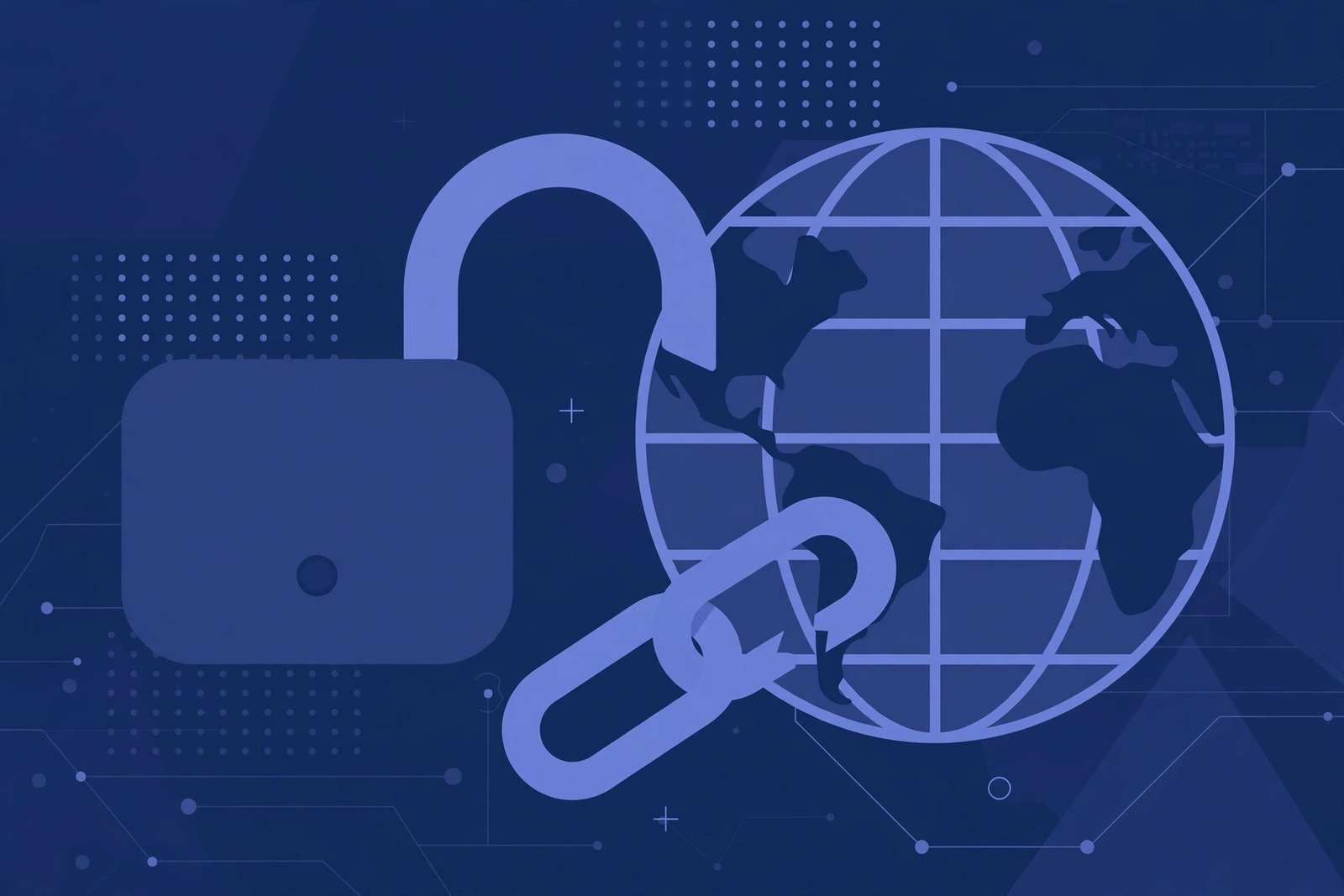 Illustration of an unlocked padlock next to a globe