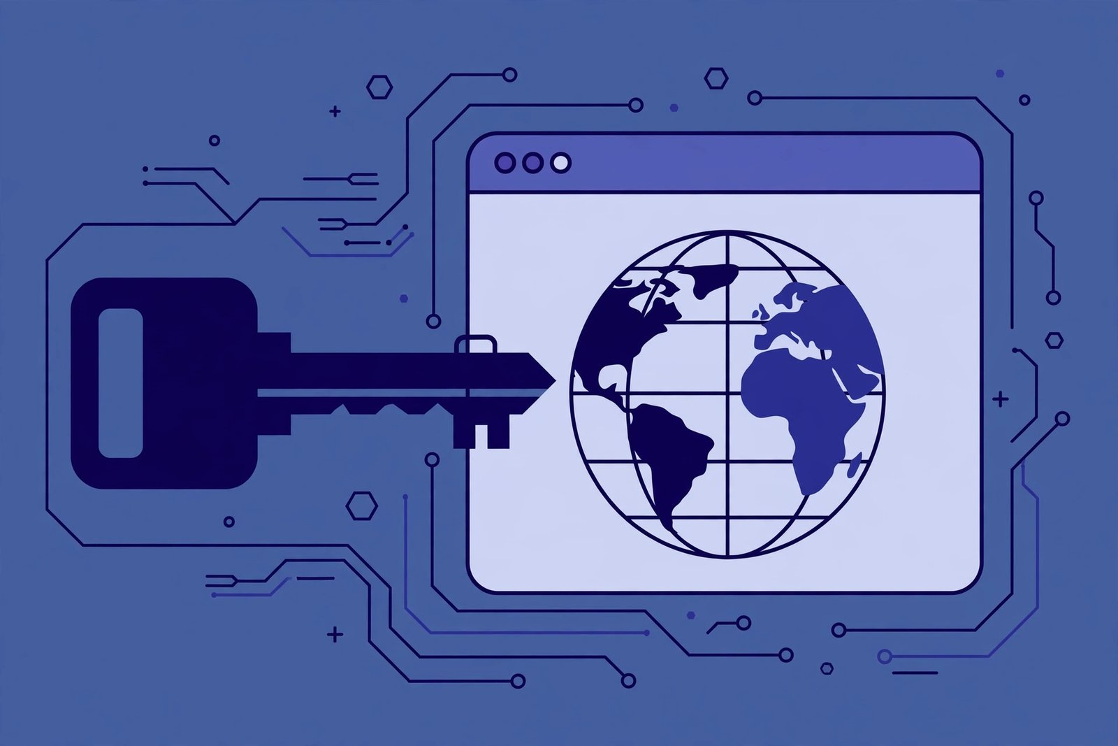 Illustration of a key and a globe inside a browser window