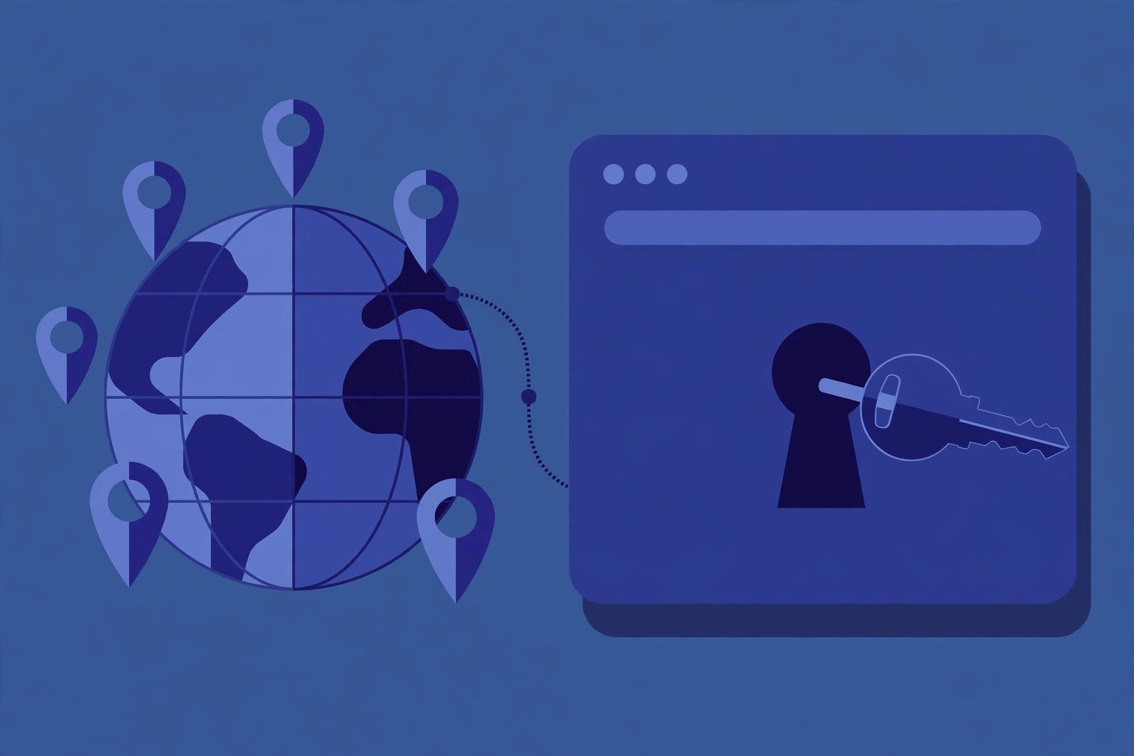 Illustration of a globe with location pins next to a keyhole